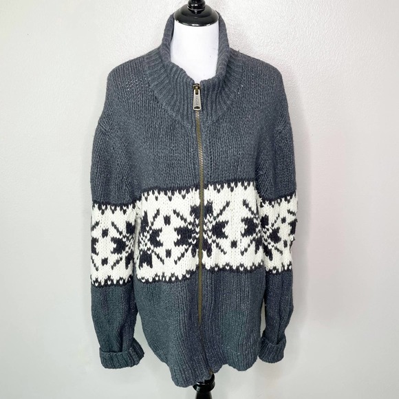 GAP Other - Gap Cardigan Gray White Fair Isle Wool Blend Chunky Knit Zip Front Mens Size XL